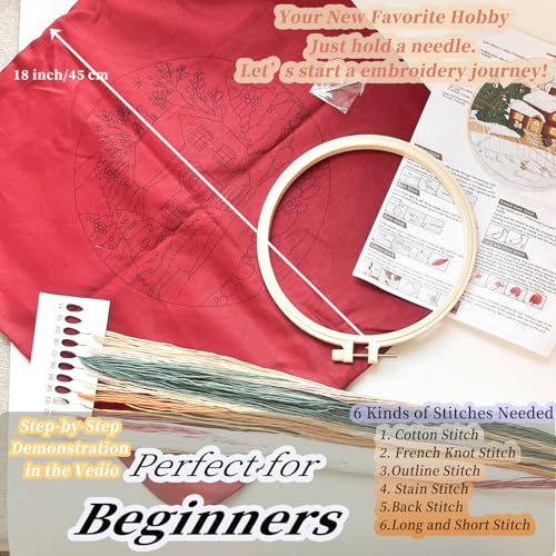 Image of FONNUY Christmas Embroidery Kit for Beginners, Throw Pillow Case Cross Stitch Set Winter Snow House Holly Tree Pattern for Adults, Hand Works Crafts Throw Pillow Cover, 18 x 18'' (Red)