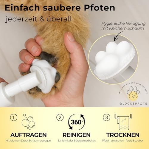 GLÜCKSPFOTE® Pfotenreiniger für Hund & Katze [200ml] | Reinigt & Pflegt natürlich - Pfotenschaum ohne Wasser | Hundepfoten Reiniger Pfotenpflege für Hunde ideal zur Pfotenreinigung für Hunde