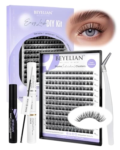 BEYELIAN Pestañas Postizas Cluster Lashes Kit with 168 Pcs D+ Lash Bond and Seal Remover, Eyelash Applicator for Beginner DIY at Home (Style3 0.07 Mix Black Band)