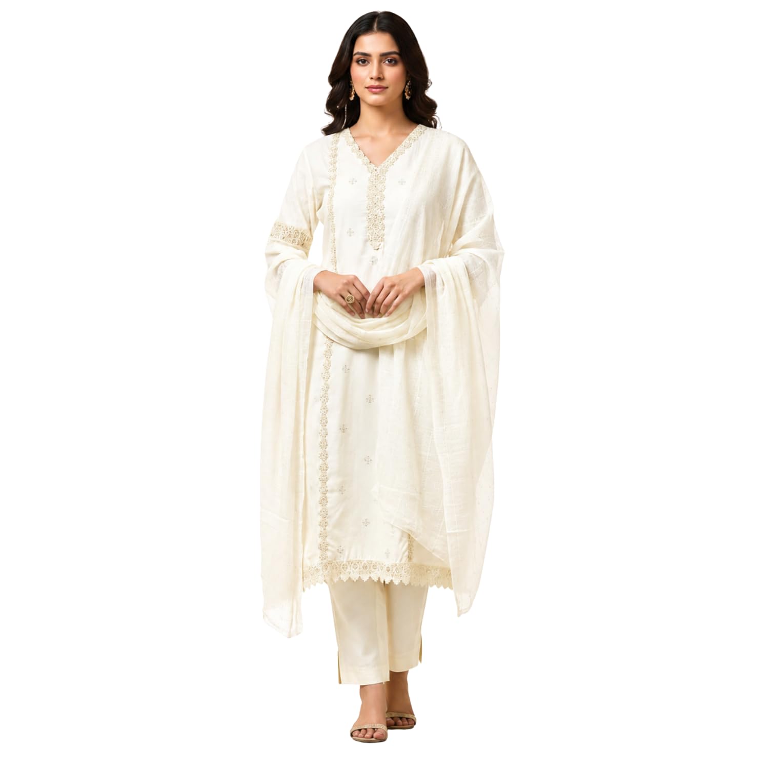 Women's Off-White Cotton Embroidered Straight Kurta Pant Set with Dupatta | V-Neck 3/4 Sleeves Ethnic Suit for Festive, Casual & Office Wear-picture-30