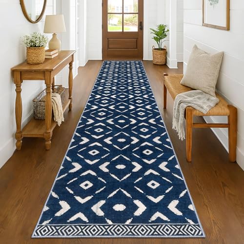 KILOCOCO Hallway Runner Rug 2.6'x14' Runners for Hallways Washable Runner Soft Non Slip Printed Geometric Low-Pile Rugs Runners for Bedroom Kitchen Living Room Boho Rugs, Blue