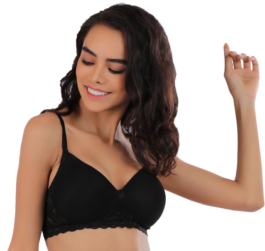 Image of ELGANTE Women's Black Padded Non- Wired Bra with LACE Affair to Hold IT ON