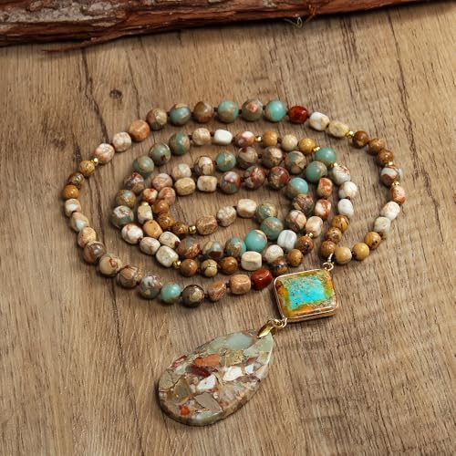 Yomisa Boho Necklaces for Women Men Long,33/34/35 Inch Natural Turquoise Tiger Eye Beaded Stone Pendant Necklaces for Women Trendy,Handmade Bohemian Western Bead Necklace Fashion Charm Jewelry Gift2