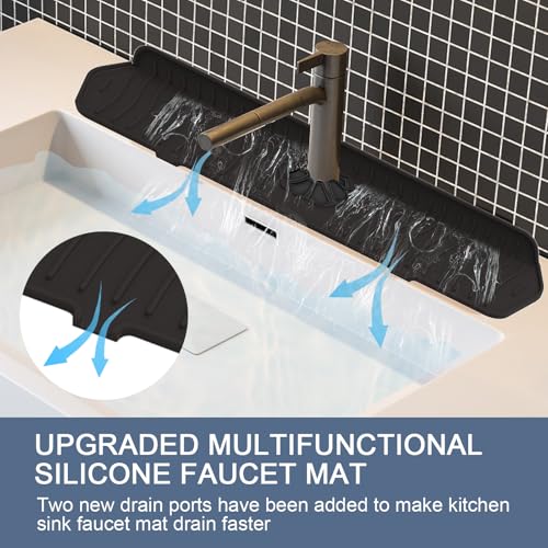Image of Faucet Guard - 90 Foldable Draining Mat for Kitchen Sink with 2 Drain Ports, Black, 24 inch*5.66 inch