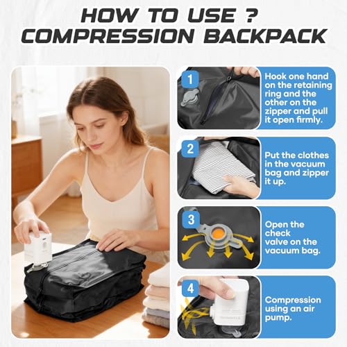 Image of Travel Backpack with Compression Vacuum Storage Bag & Electric Pump, Expandable Flight Approved Carry On Backpack, 18x14x8 inches Personal Item Travel Bag for Men Women, Black