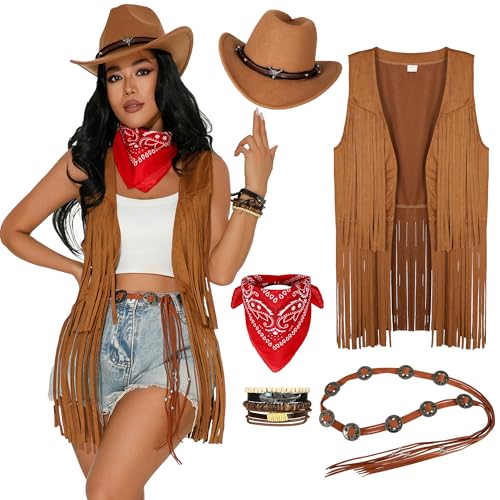 GERVAISE Womens Western Cowgirl Costume 70s Hippie Tassels Fringe Vest outfit Hat 5pcs