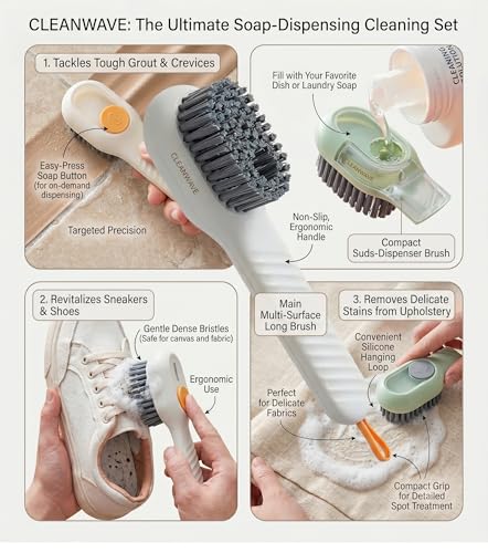 Image of Multifunctional Liquid Shoe Brush with Soap Dispenser - Pack of 2 | Press Type Cleaning Box Long Handle Washer for Sneakers, Sports Shoes, Canvas, Leather & Household