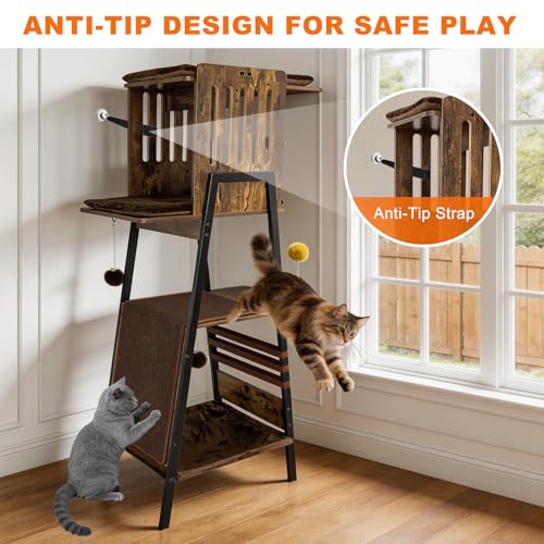 Image of 57 Inch Multi-Level Modern Cat Tree Tower with Hammock & Scratching Ramp - Wooden Heavy-Duty Cat Tower for Large Cats & Multi-Cat Households, Easy to Clean (Brown)