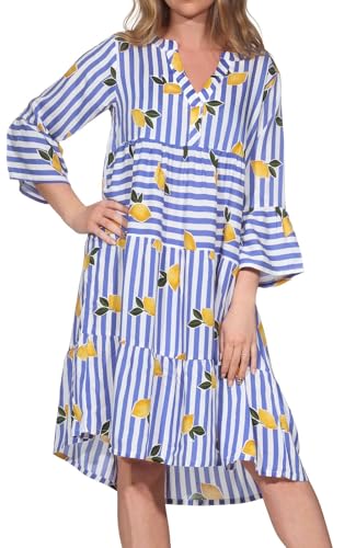 Sublevel Damen Viskose Mini-Kleid Tunika 3/4 Arm gestreiftes Sommerkleid mit Zitronen LSL-413 Fruits-Lemon-Blue-White XXL