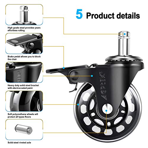 AGPTEK Set of 5 Office Chair Casters Heavy Duty with Locks, 11x22mm Office Chair Wheels Replacement with Brakes, Quiet Office Chair Wheels, No Noise, Game Chair Wheels for Hardwood Floors, Mat, Carpet