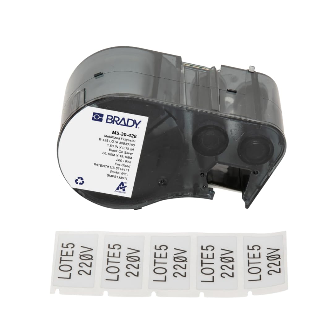 Brady Metallised Polyester Pre-Sized Labels for Label Printer BMP51/BMP53/M511-260 Self Adhesive Printer Labels - Black on Light Grey (38,10 mm (W) x 19,05 mm (H)) - M5-30-428