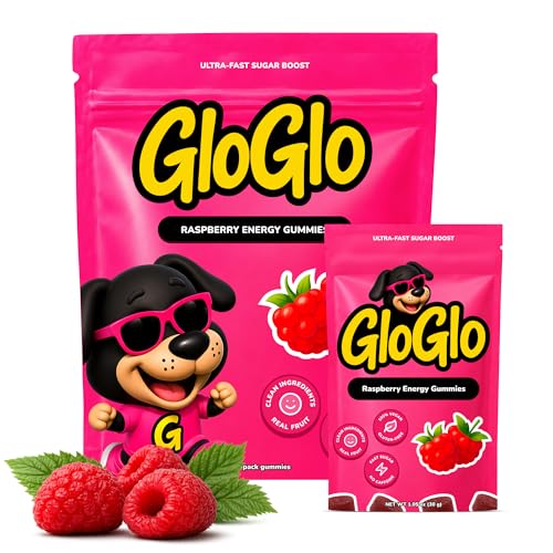 Image of GloGlo Dextrose Energy Chews | Glucose Gummies for Running, Cycling & Endurance | Fast Glucose Gel Packs Alternative for Long Runs & Rides | Running Gummies Built for Athletes | Vegan, Gluten Free | Raspberry | 60 Gummies (10 Packs of 6)