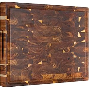 AZRHOM Large Thick End Grain Acacia Wood Butcher Block 17x13x1.5 in Wood Cutting Board for Kitchen with Non-slip Mats Juice Groove & Handles (Gift Box)