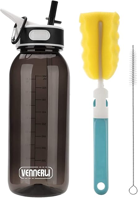 VENNERLI Water Bottle with Straw 1L BPA Free Reusable Tritan Tough Sports Water Bottle with Flip Straw Portable Leak Proof for Adults School Outdoor Work Gym 1litre