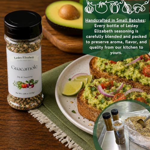 Image of Lesley Elizabeth Guacamole Dip & Seasoning - Zesty Garlic, Onion & Citrus Blend - 8.4 oz (250 ml) PET Shaker for Tex-Mex, Avocado Dips & Party Snacks