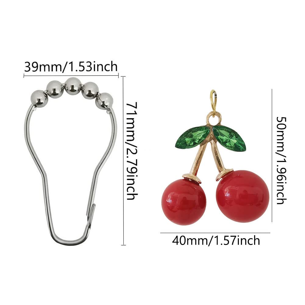 Decorative Cherry Shower Curtain Hooks Rings for Bathroom Shower Rod - Rust Proof Metal Stainless Steel Curtain Ring Set of 12 with Red Cherry Resin Decor Pendant Fruit Collection Style Design