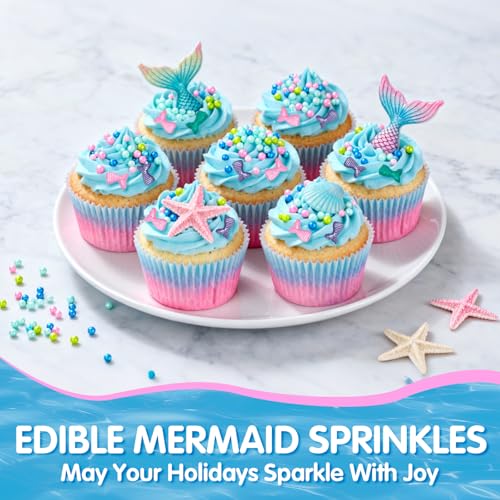 Image of Mermaid Sprinkles, Edible Pearl Sprinkle for Cake Decorating,130g /4.58oz, Blue Green Purple Pearls Mix Baking Candy, Ocean Theme Cake Topper Cupcake Cookie Ice Cream Decorations, Birthday Children's Summer Party Supplies