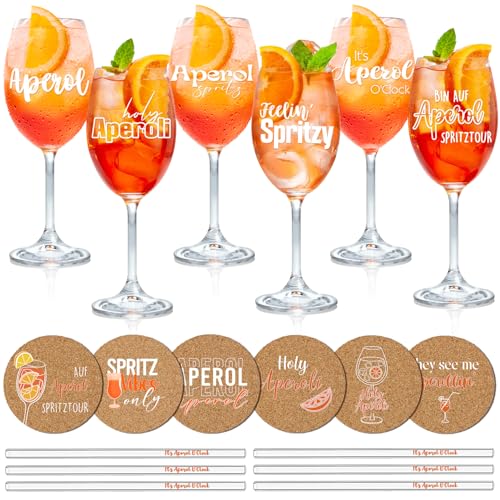 YYSWSAKY Set di 6 Bicchieri Aperol Spritz in Confezione Regalo - Bicchieri Premium Aperol∣Cannucce Glasstrohhalme∣Sottobicchieri in Sughero, Ideali per gli Amanti di Aperol (6)