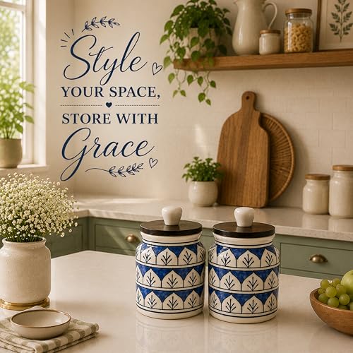 Image of Ceramic Kitchen Jars for Storage | Air Tight Containers with Wooden Lids | Masala, Salt, Pickle, Dry Fruits & Multi Utility Item Organiser Set (Hand-Painted, Blue Mughal, 450 ML, Pack of 2)