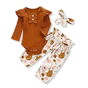 Kislio Newborn Baby Girls Clothes Ribbed Ruffled Romper+Floral Pants+Headband Infant Outfit Set