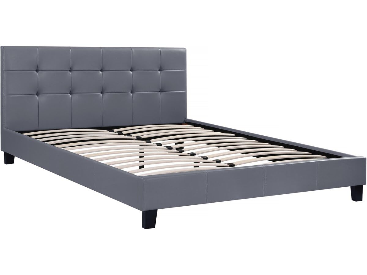 Habitat et Jardin - Lit Double Julia en Simili Gris 140 x 190 cm | Cadre de Lit 2 Places | Sommier et Tête de Lit Inclus | Support à Lattes en Bois