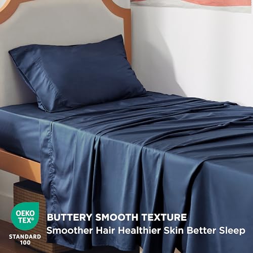 Image of Bedsure PureWoven 100% Rayon Derived from Bamboo, Twin XL Sheets, 3 Pieces | Cooling Sheets for Hot Sleepers, Breathable & Silky Soft, 16 inch Deep Pocket, Hotel Luxury Bedding, Navy