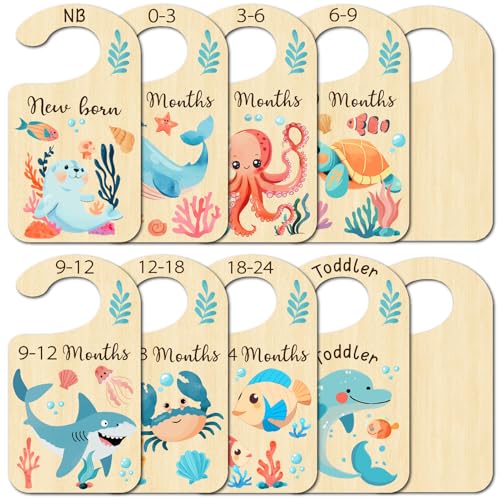 CRASPIRE 10Pcs Closet Dividers Catton Cute Ocean Animal Double Sided Wooden Hanging Organizer Sign Cloth Size Dividers Newborn Baby Stuff 24 Months Toddler for Nursery Beautiful Decor Shower Home