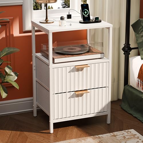 Image of VINGLI White Nightstand with Charging Station and Fabric Drawers, Fluted Nightstand with Drawers, White Side Table /Night Stand with Charging Station for Bedroom, Dorm, 14.96 inch W*11.81 inch D*23.78 inch H