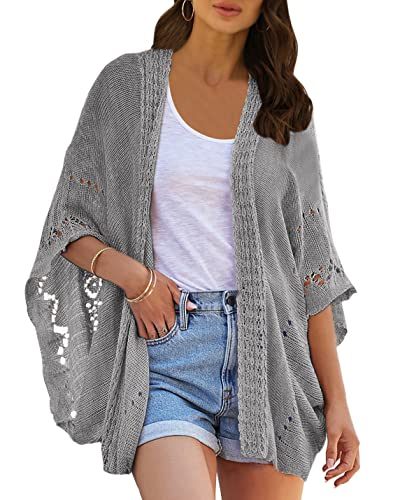 Image of Ermonn Crochet Cardigan Sweaters for Women Open Front Kimono Batwing Sleeve Plain Casual Lightweight Outerwear