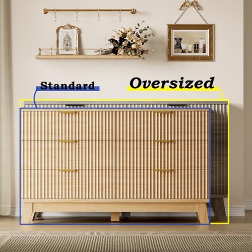 Image of BORNOON 53 inch Long Dresser for Bedroom, 6-Drawer Dresser with Fluted Fronts, Wide Wood Chest of Drawers, Smooth Metal Slides, Stable Base, Modern Clothes Storage Cabinet for Living Room, Hallway