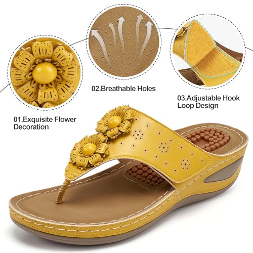 Image of Ecetana Womens Wedge Flip Flops: Orthopedic Cushion Non Slip Sandals - Comfortable Walking for All Day - Stylish Flower Adjustable Thong Sandals for Summer Casual Outing