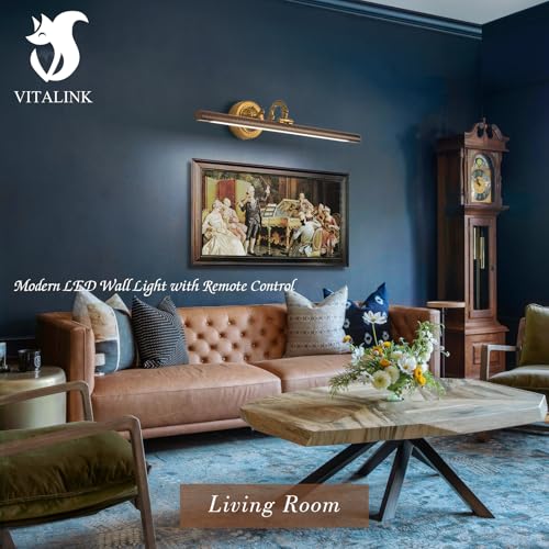 Image of VitaLink Picture Lights for Wall, Remote Control Hardwired Artwork Picture Lighs 27.5 inch Long Retro Gold Wall Paintings Display Lighting Swing Arms Wooden Wall Lamp Bathroom Vanity Light Dimmable