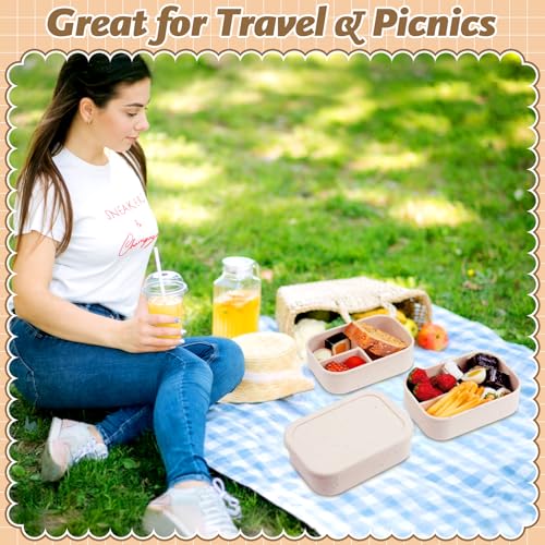 Image of Honeydak 4 Pcs Silicone Bento Box, 3 Compartment Lunch Food Container for Women Men, Leak Proof Microwave Easy to Clean Dishwasher Freezer Safe (Beige)