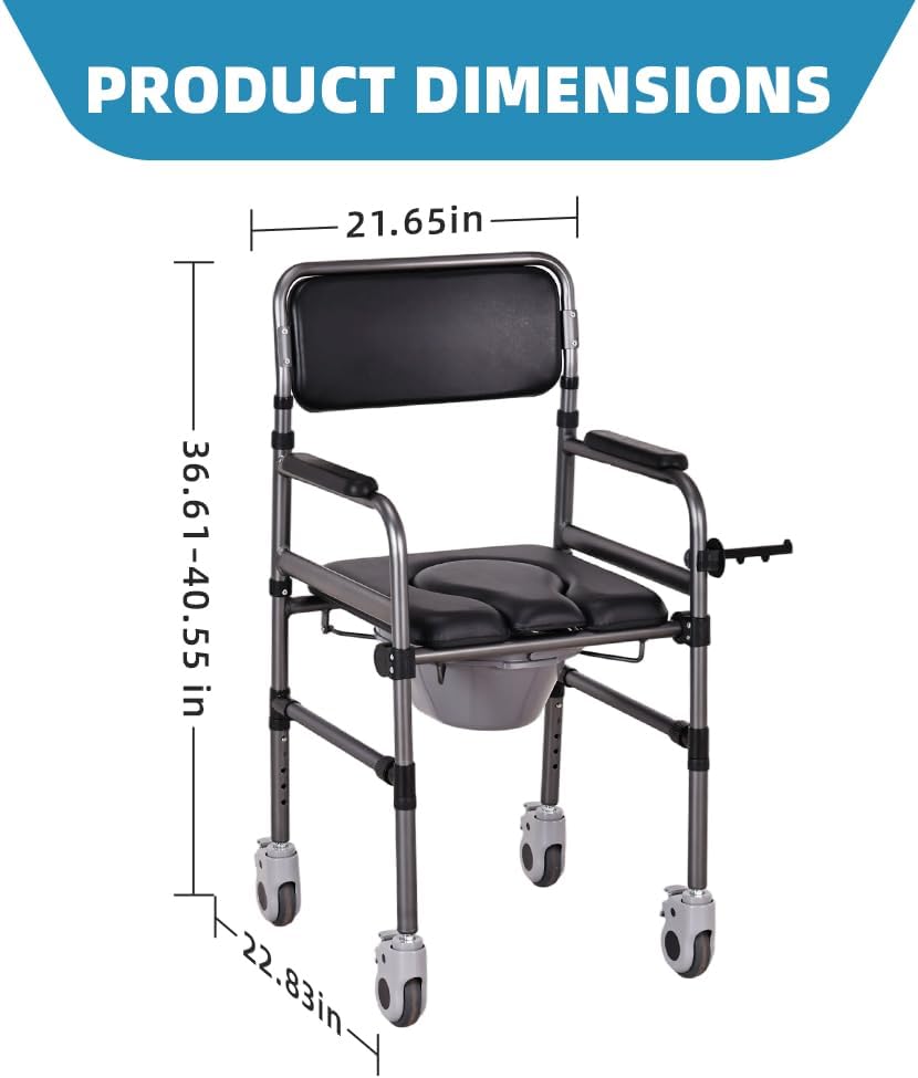 Bedside Commode Chair Foldable Height-Adjustable Toilet Chair with PU Seat 3" Locking Wheels, 400lbs Capacity, 22.8-40.6" Adjustablefoldable Shower Chair (Toilet- Open Type)