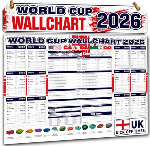 Carte murale de la Coupe du monde de football 2026 – Édition Angleterre – Grand poster A1 avec tous les jours de match, les heures de lancement au...