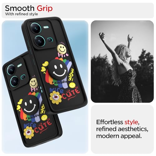 Image of Pikkme Back Cover for Vivo V25 5G | Soft Silicone| Cute Rainbow Smile & 3D Cartoon Flower Design | Shockproof Raised Camera Protection Bumper Case (Black)