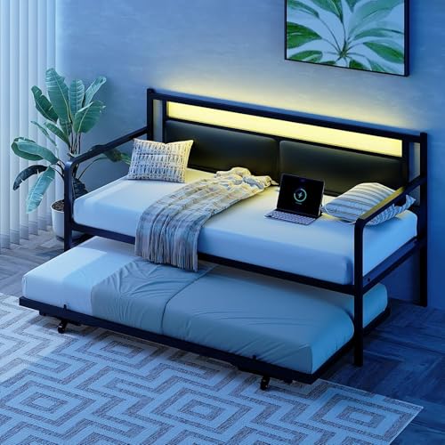 Bonnlo Daybed Sofa Bed Double with LED and Outlet Trundle Bed with Storage Metal Bed Frame Fits 90 * 190 Mattress for Kids Teens Adults Black