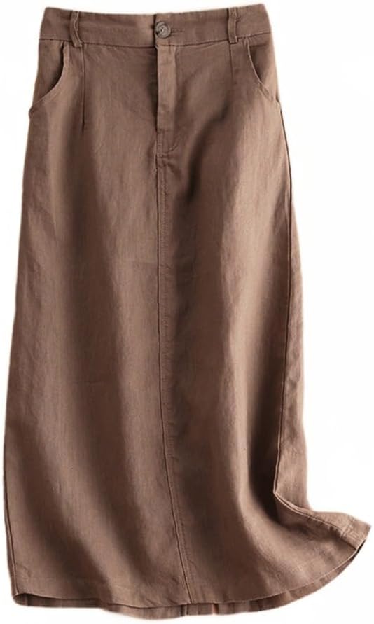 Kinghua Womens Linen Skirt Elastic High Waisted Casual Straight Cotton Linen Midi Skirt with Slit