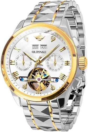 OUPINKE Mens Watches Big Face Skeleton Automatic Mechanical Two Tone Tungsten Steel Luminous Business Wristwatch 160FT Waterproof Self Winding White