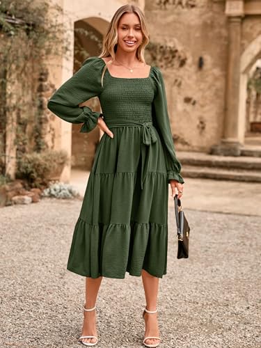 Image of Simplee Womens Long Sleeve Maxi Dress Casual Square Neck Smocked Flowy Fall Wedding Guest Dresses