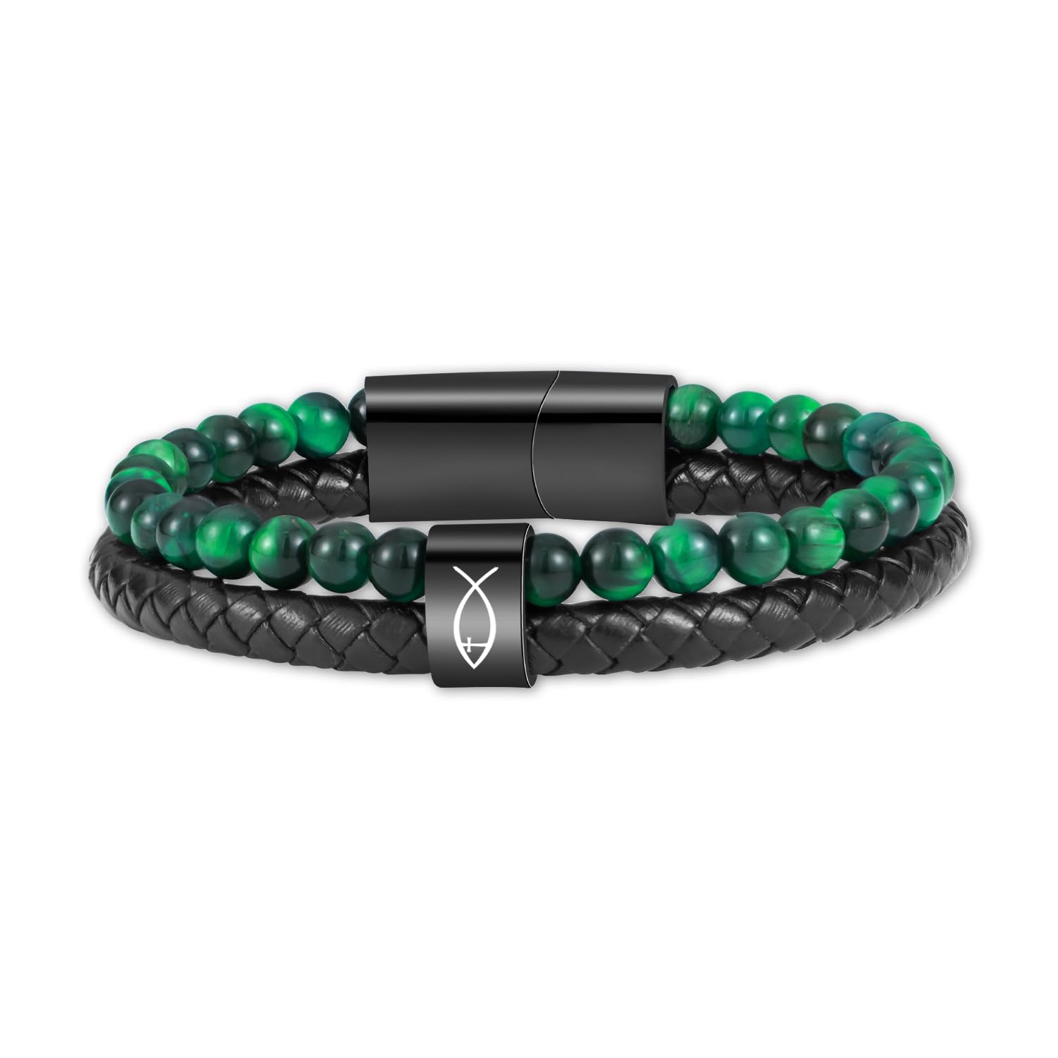 GenericHandmade Braided Leather Stainless Steel Cross Crucifix Nature Stone Lava Rock | Turquoise | 2 Layer Cuff Beaded Bracelets for Men Women