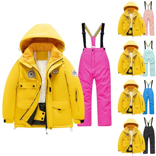 Boys Girls Snowsuit Set Cute Hoodie Zipper Thermal Ski Jacket Waterproof Overall Pants Set Windproof Clothes Set