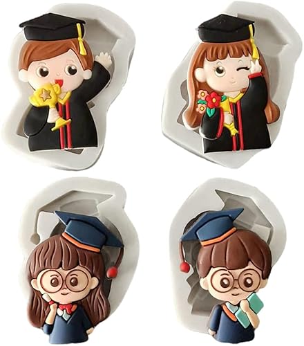 Cestony 4 moldes de silicona con diseño de graduación para niños y niñas en forma de gorra de graduación, para manualidades, pasteles, fondant,