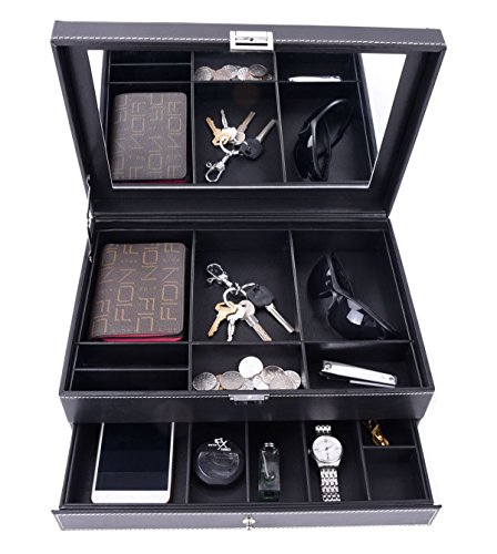 Autoark Leather Dresser Valet Jewelry Watch Organizer,Desktop Organizer for Keys,Coins,Wallet,Smartphone,Watches,Sunglasses and Accessories,Metal Buckle & Large Mirror,Big-Capacity,Black,AW-127