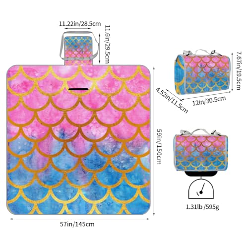 Shimoshe Picnic Blankets 57”x 59”, Pink Blue Mermaid Scale Waterproof Sandproof Picnic Mat Lightweight Foldable Beach Blanket for Camping Park Grass Beach Outdoor Blanket