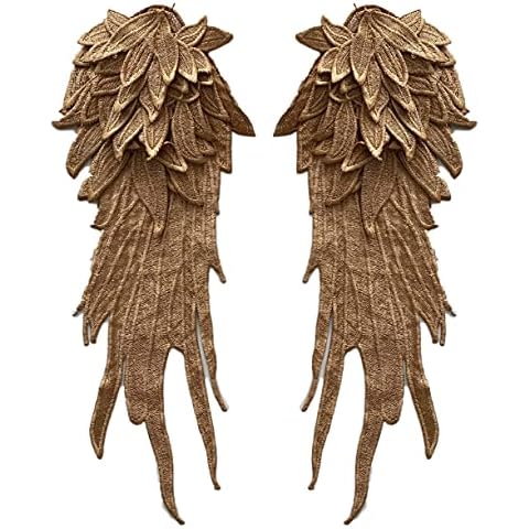 A Mirror Pair Feather Wing Shape lace Motif Applique sew on Shoulder lace Cap Sleeves Patch for Dress Making Sewing (Gold Brown) (No Feather on lace) Cover