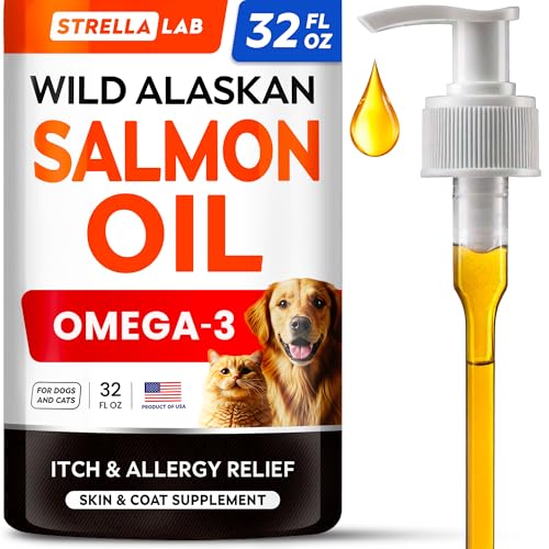 STRELLALAB Wild Alaskan Salmon Oil for Dogs - Natural Omega 3 for Dogs & Cats, Itch & Allergy Relief, Skin & Coat Support - Fish Oil Liquid, EPA+DHA Fatty Acids for Hip&Joint, Immune Health 32 OZ