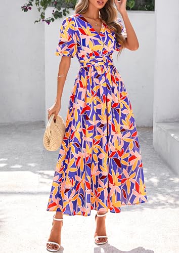 Image of PRETTYGARDEN Womes Boho Maxi Dresses 2026 Summer Spring V Neck Puff Sleeve Empire Waist A Line Flowy Long Beach Floral Dress