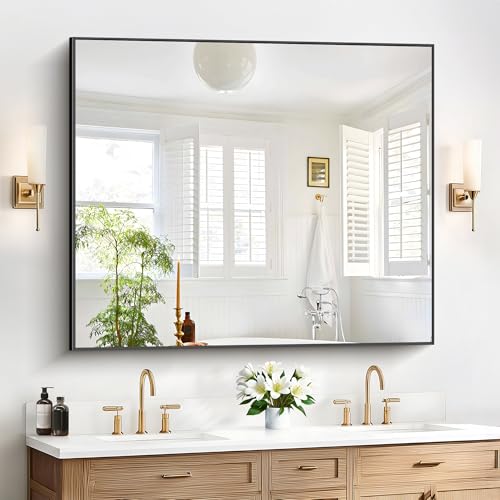 Image of COFENY 40x48inch Black Bathroom Mirror, Black Rectangle Mirror with Frame, Large Rectangular Wall Mirrors for Bathroom, Living Room, Hair Salon, Big Farmhouse Mirror Hang Horizontal /Vertical