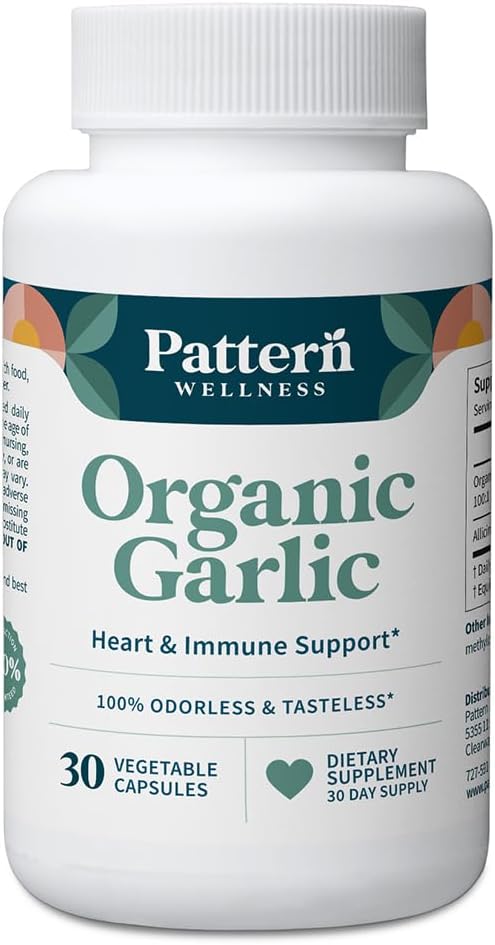 Pattern Wellness Odorless Organic Garlic - 1000mg - Supports Circulatory & Immune Health - Non-GMO, Gluten Free, Vegan - 30 Capsules
